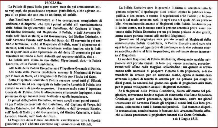 Atto di proclamazione della Polizia di Malta del Governatore britannico, in lingua italiana.